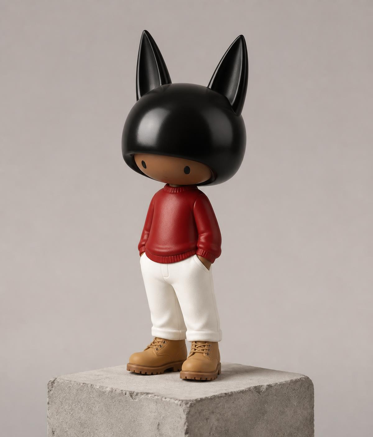 A Fewer Objects character on a studio shelf beside cast concrete and sketches